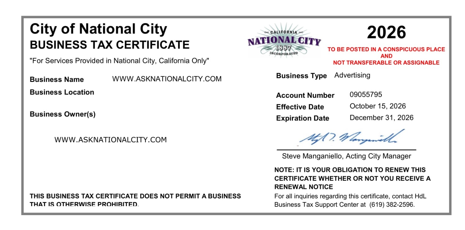 City of National City 2026 Business Tax Certificate for WWW.ASKNATIONALCITY.COM, account number 09055795